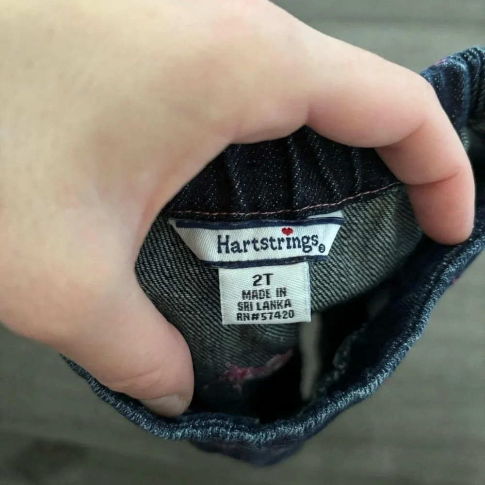 VTG Hartstrings Girls 2T Dark Wash Denim Skirt Pink Grasshopper Embroidery Mini‎
